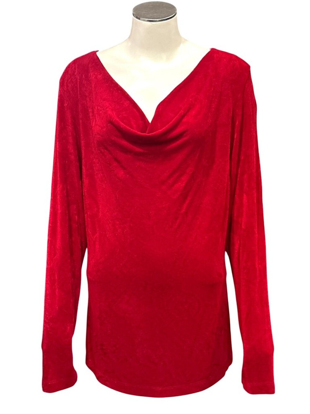 Chicos Travelers Red Textured Long Sleeve Cowl Neck Top Size 2 Stretch Acetate